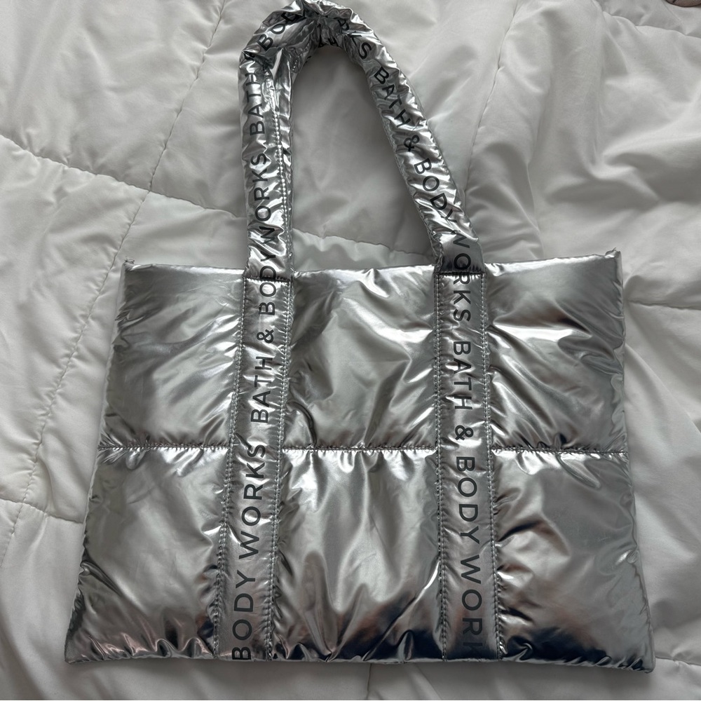 Bath and body works metallic puffer tote bag